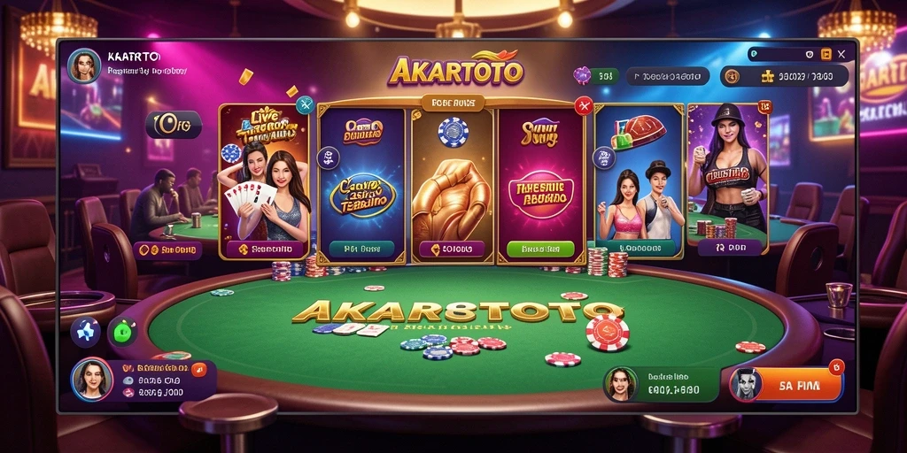 Screenshot gameplay AKARTOTO yang menunjukkan dealer langsung dan suasana kasino.