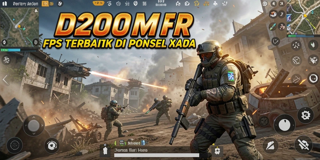 Tangkapan layar D200M menunjukkan action intens dalam game FPS.