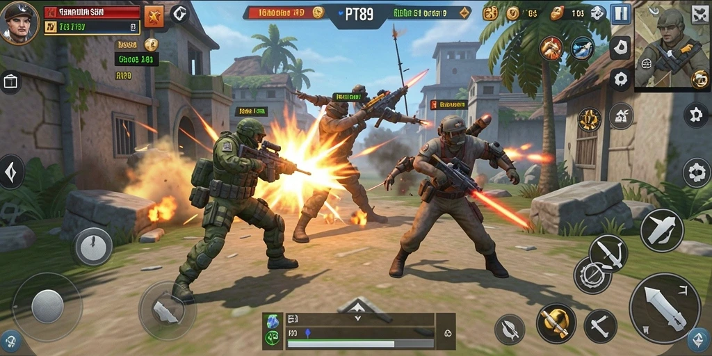 Screenshot utama PT89 menampilkan aksi tembakan yang intens.