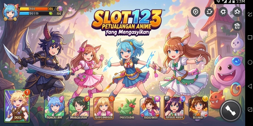 Screenshot utama SLOT123 menampilkan karakter Anime dalam aksi seru.